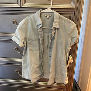 NEW Calvin Klein light blue denim jean blouse button sleeve top